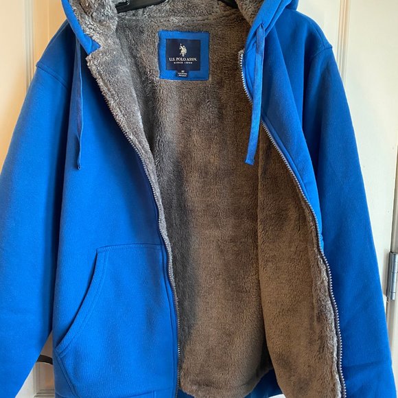U.S. POLO ASSN Cobalt Blue Grey Sherpa Lined Full Zip Hoodie Jacket Medium NWT - Picture 2 of 5